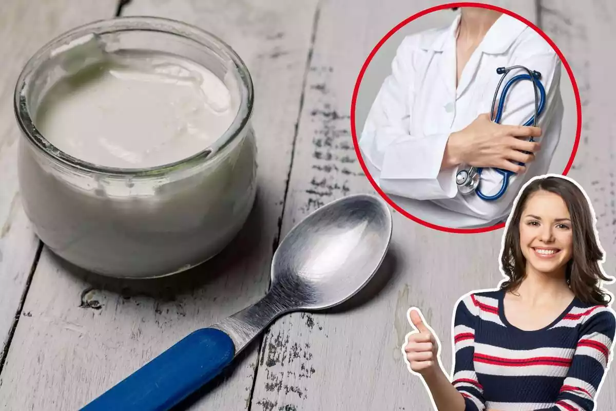 Imagen de fondo de un yogur en un tarro de cristal con una cuchara y otra de un médico y una tercera de una persona con gesto de aprobación